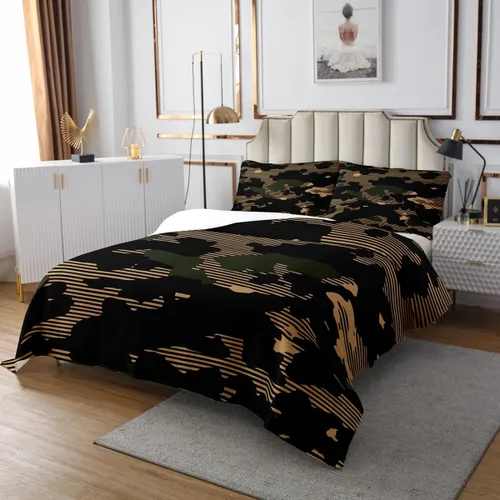 Miniatura 3 de Erosebridal Juego de colcha de camuflaje marrón tamaño individual, juego de colcha de camuflaje militar, juego de ropa de cama de arte abstracto