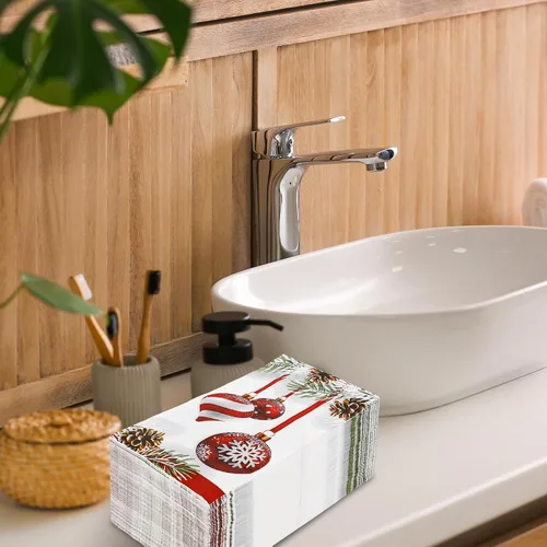 Miniatura 6 de AnyDesign Paquete de 100 servilletas de Navidad para invitados, bola colgante de Navidad, patrón de cono de pino, servilletas de papel desechables