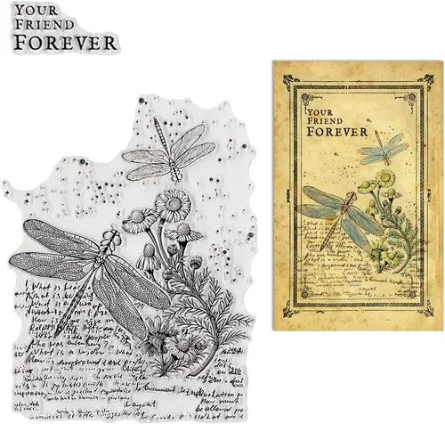 Estivaux Flores, libélula de fondo, sellos transparentes para hacer tarjetas y diario, flores retro, palabras de goma, hojas florales, paisajes,