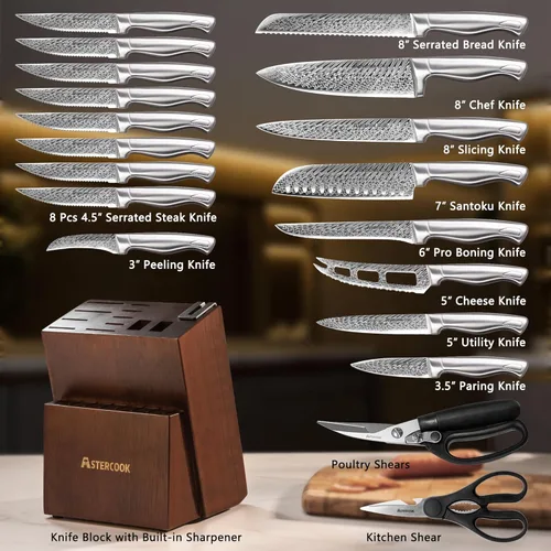 Miniatura 3 de Astercook - Juego de cuchillos de cocina de 21 piezas con afilador integrado, juego de bloques de cuchillos de acero inoxidable alemán, cuchillos