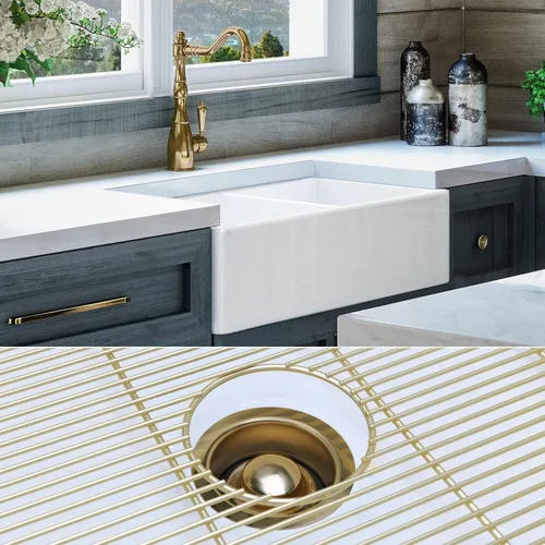 FSW1003BB - Fregadero de lujo de 33 pulgadas en color blanco, oro mate, frente plano