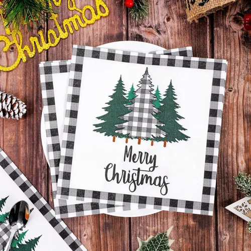 Miniatura 3 de Whaline Paquete de 80 servilletas de Navidad de papel con diseño de árbol de Navidad, diseño de búfalo blanco y negro, servilletas desechables