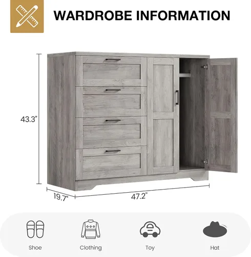 Miniatura 2 de GarveeHome Cómoda de madera multifuncional para dormitorio, 43.3 pulgadas de alto, armario de 2 puertas con 4 cajones y barra para colgar, armario