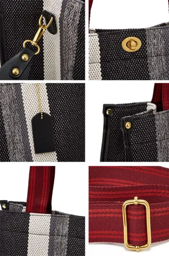 Miniatura 7 de Bolso de mano Hobo para mujer, bolso de hombro de lona, bolso cruzado elegante, bolso grande, color a rayas de contraste