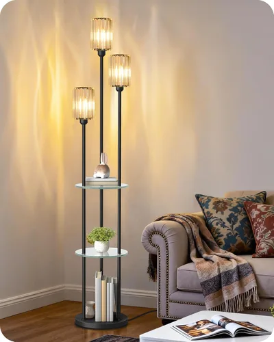 Miniatura 12 de Lámpara de pie de 180 cm con estantes, lámpara de pie moderna con 3 pantallas de lino y interruptor de pie, lámpara de pie de 3 luces, para sala