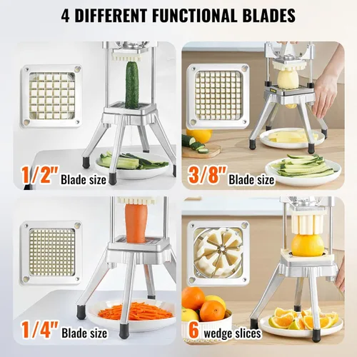 Miniatura 3 de VEVOR Picador comercial de frutas y verduras, cortador de patatas fritas de acero inoxidable con 4 cuchillas de 1/4 pulgadas 3/8 pulgadas 1/2