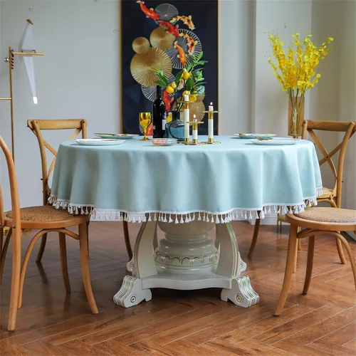 Rakila Mantel redondo de color sólido con borlas de algodón y lino, tela pesada, a prueba de polvo, para decoración de mesa de comedor, cocina (63