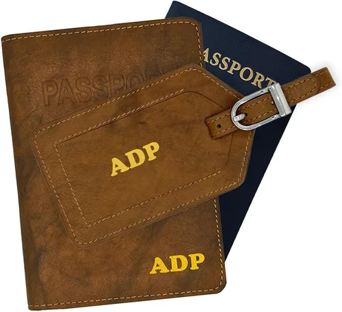 Soporte personalizado de cuero con monograma RFID para pasaporte y etiqueta de equipaje, montura antigua, Juego de funda para pasaporte y etiqueta