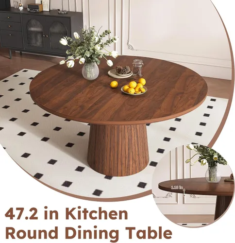 Miniatura 4 de Juego de mesa de comedor redonda de granja para 4, 47 pulgadas, mesa de cocina con mesa y base de MDF, sillas tapizadas de tela beige con patas