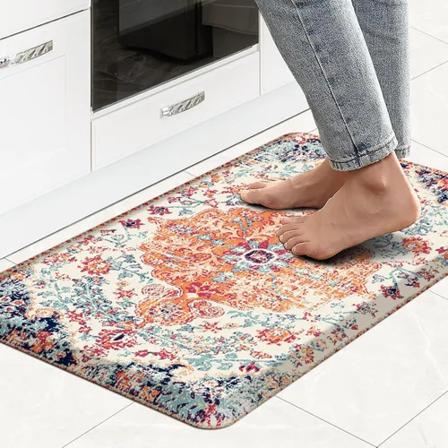 MAYHMYO Tapete de cocina bohemio, antifatiga, étnico, acolchado, color naranja y azul, alfombras de cocina antideslizantes para cocina, suelo y