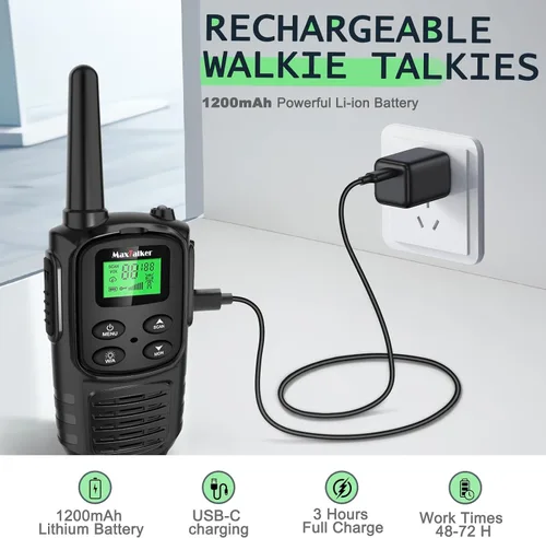 Miniatura 3 de Walkie Talkies MaxTalker de largo alcance para adultos, MT10 Walkie Talkies recargables FRS de 2 vías, NOAA, batería de 1200mAh Li-ion con cable