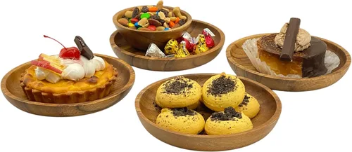 Miniatura 9 de Juego de 4 platos de madera de acacia, redondos de 6 pulgadas, postre de madera maciza de 1 pulgada de grosor, platos laterales y aperitivos