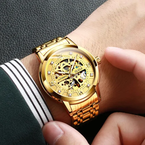 Miniatura 3 de OLEVS Reloj mecánico automático de esqueleto dorado para hombre con cuerda automática vestido de lujo brillante acero inoxidable resistente al agua