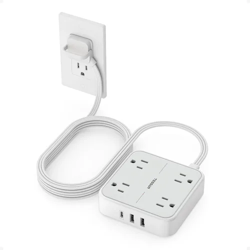 Miniatura 22 de TESSAN – Cable de extensión plano con protector de sobretensión de 10 pies, regleta de alimentación de enchufe plano con 4 salidas y 3 puertos USB