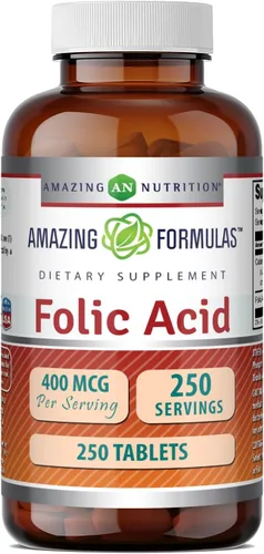 Amazing Formulas - Ácido fólico (vitamina B9) de 400 mcg, suplemento de tabletas, sin OMG, sin gluten, fabricado en Estados Unidos (1 paquete, 250