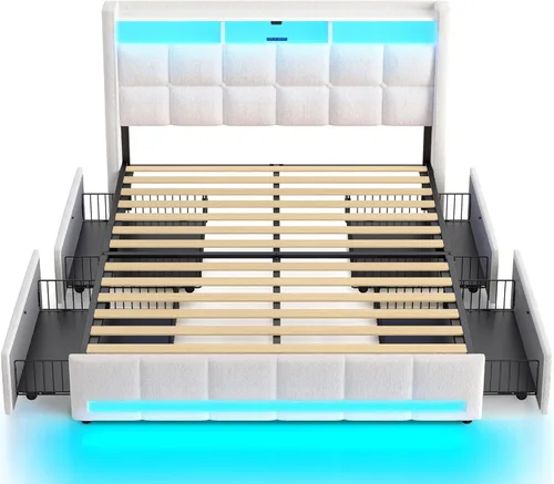 Miniatura 9 de Rolanstar Marco de cama tamaño twin con luces LED y estación de carga, cabecera de almacenamiento de cuero PU y cajones, listones de madera Negro
