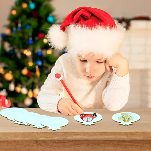 Miniatura 6 de OurWarm 50 adornos de Navidad de madera para manualidades, adornos de madera redondos sin terminar de 4 pulgadas con lazos y cuentas a cuadros