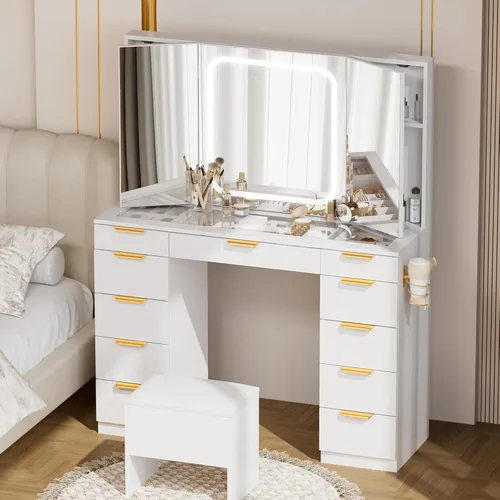 Miniatura 9 de Pamapic - Escritorio de maquillaje con 11 cajones y espejo plegable, tocador de maquillaje con superficie de vidrio y luces LED, 3 modos