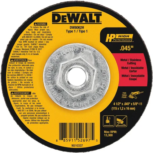 DEWALT DW8062H Rueda de corte tipo 1 de 4-1/2" X .045" X 5/8"-11 HP