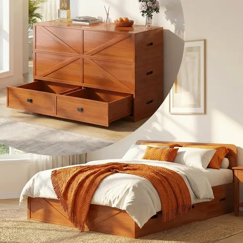 ijuicy Cama Matrimonial Murphy 4 en 1 con colchón incluido y cajones extragrandes, cama multifuncional que se convierte en sofá para espacios