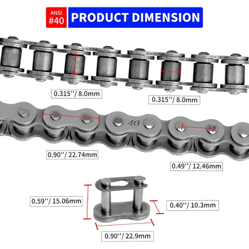 Miniatura 2 de 40 Cadena de Rodillos de 3 Pies con 5 Enlaces Conectores Gratuitos, Cadena de Acero al Carbono para Go-Kart, Sopladora de Nieve, Piñón, Moto