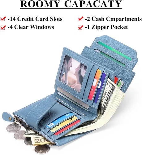 Miniatura 2 de FALAN MULE - Cartera de cuero auténtico para mujer, pequeña plegable , compacta, con interferencia de radiofrecuencia (RFID)