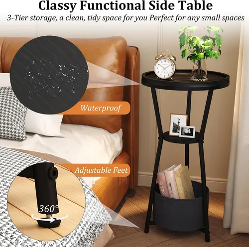 Miniatura 4 de Yusong Mesa auxiliar redonda, mesa pequeña para bebidas para espacios pequeños, mesa auxiliar industrial de 3 niveles, mesita de noche decorativa