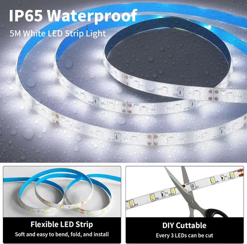 Miniatura 3 de Resistente al agua IP65, tira de luz LED flexible impermeable de 12 V, tiras de luz LED cortables de 16.4 pies, 300 unidades de cadena de Blanco