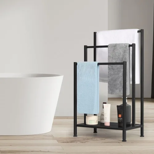 Miniatura 4 de Toallero independiente, toallero de metal de 3 niveles, soporte para manta para dormitorio, soporte de toalla de baño negro, soporte para toallas