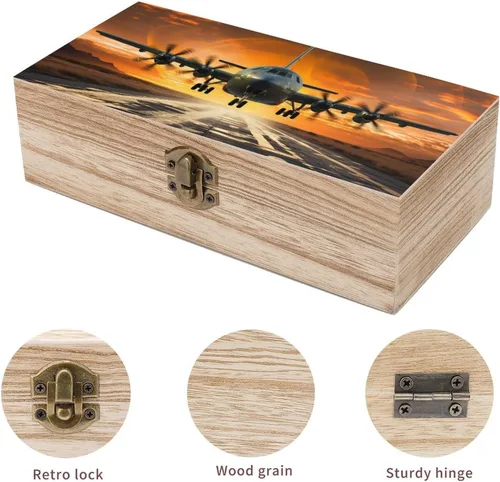 Miniatura 4 de Caja de almacenamiento de madera, joyero de madera vintage con tapa con bisagras, aterrizaje de avión militar en pistas de la fuerza aérea contra