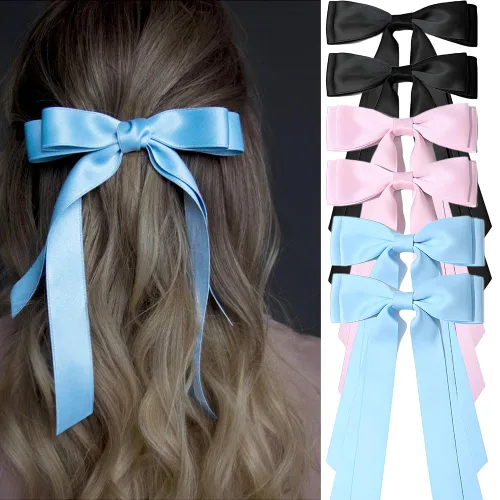 Miniatura 13 de Lazos para el cabello para mujeres - 3 piezas de grandes pinzas de cinta con borlas de cola larga, grandes pasadores de pelo para niñas