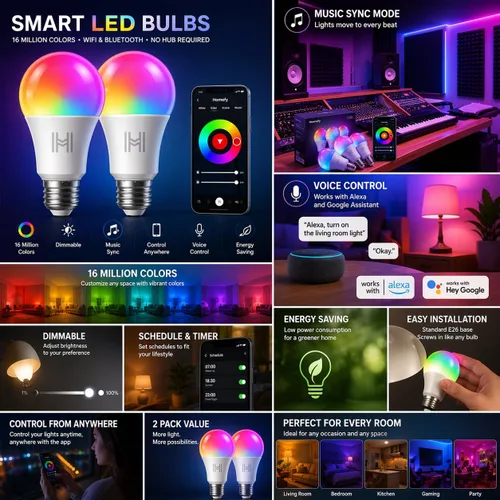 Miniatura 2 de Paquete de 2 bombillas inteligentes, LED A19 que cambian de color (800 lúmenes), WiFi y Bluetooth, sincronización de música, compatible con Alexa