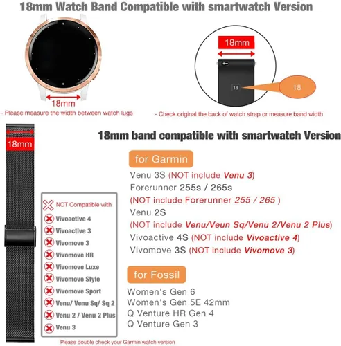 Miniatura 3 de Abanen Correas de reloj para Garmin Vivoactive 4S / Vivomove 3S / Venu 2S / Venu 3S, 0.709 in de liberación rápida de acero inoxidable de malla Negro
