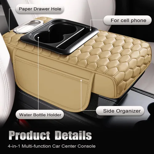 Miniatura 2 de Priprilod Almohada beige para reposabrazos de consola central de automóvil, espuma viscoelástica con portavasos y soporte para teléfono celular