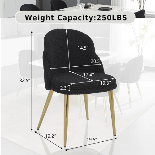 Miniatura 2 de Boucle - Juego de 2 sillas de comedor sin brazos, modernas sillas de cocina tapizadas con patas de metal dorado para cocina, comedor, color negro