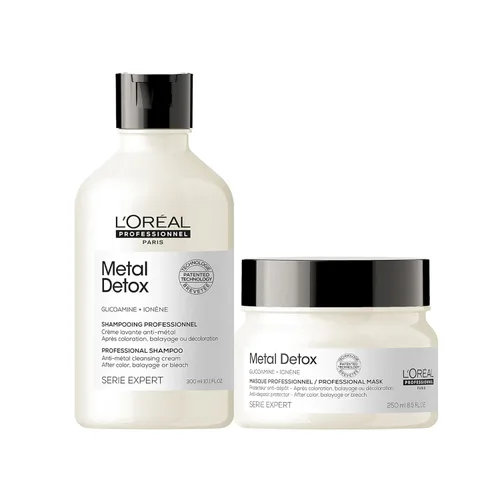 L'Oréal Professionnel Paris Juego de champú y máscara de desintoxicación metálica, sin sulfatos, evita daños y prolonga el color para todo tipo de
