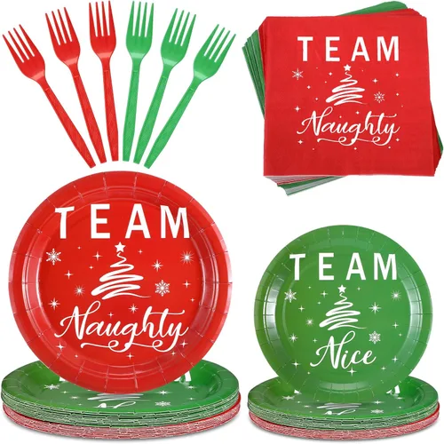 Patelai 120 piezas Suministros de fiesta de Navidad Platos y servilletas desechables de papel Juego de vajilla 48 platos del equipo Travieso y del