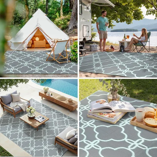 Miniatura 2 de Ashler - Alfombra de paja de plástico para exteriores, 5 x 8, reversible, color azul pálido, diseño moderno con flores para caravana, patio trasero
