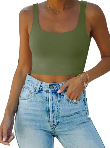REORIA - Ombliguera sin mangas y costuras, con doble forro, cuello cuadrado, sexy, para mujer y yoga