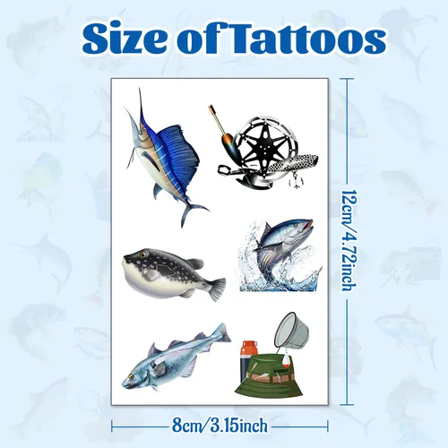 Miniatura 3 de 20 hojas (120 piezas) de tatuajes temporales de peces desaparecidos de pesca, recuerdo de fiesta para fiesta de cumpleaños, decoración de fiesta