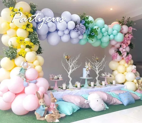 Miniatura 5 de Kit de arco de guirnalda de globos pastel de doble relleno, globos de color rosa bebé, morado, amarillo, verde, con látex lila metálico para baby