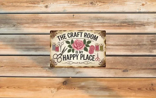 Miniatura 6 de Letrero de hojalata de metal rústico "The Craft Room Is My Happy Place" 8x12 pulgadas, decoración artística para el hogar y la oficina, arte