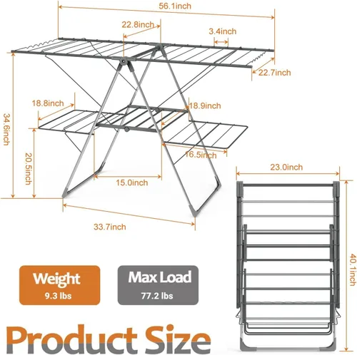 Miniatura 6 de Estante de Secado de Ropa Bigzzia Plegable, Estante de Secado de Ropa de 2 Niveles Grande para Lavandería Plegable, Estante de Secado de Acero Gris