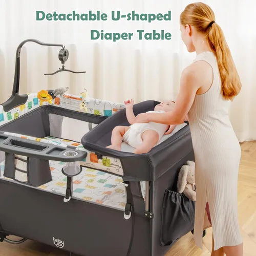 Miniatura 9 de BABY JOY Paquete y juego 5 en 1, cama de noche para bebé con moisés, cuna multifunción para recién nacidos hasta niños pequeños, cambiador de Gris