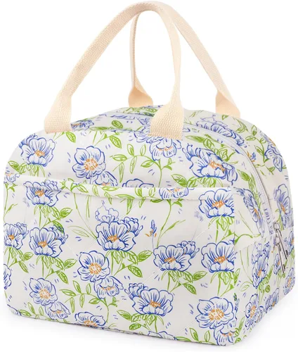 Miniatura 13 de Lonchera acolchada de algodón aislada, bonita bolsa acolchada con estampado floral, reutilizable, aislada, coqueta, de gran capacidad, hielera