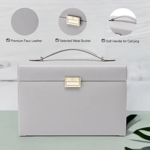 Miniatura 2 de Vlando Organizador de caja de joyería con espejo, caja de almacenamiento de joyería de cuero, collares, aretes, anillos, soportes, soporte de caja