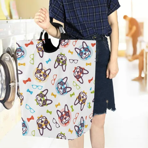 Miniatura 6 de visesunny Cesta plegable para la ropa sucia Bulldog con pajarita de animales grande con asa, juguetes y organización de ropa para baño, dormitorio