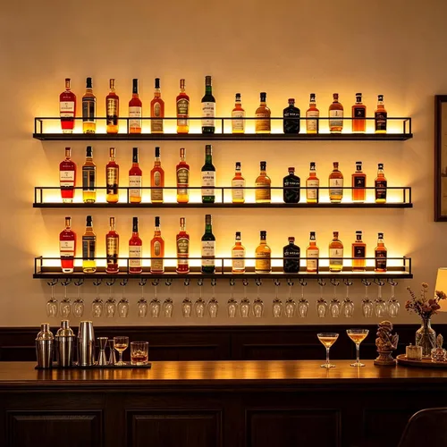 Miniatura 9 de Estante de metal para vino montado en la pared con luces LED, estantes flotantes de bar de 3 niveles con estante para copas de vino, estante grande