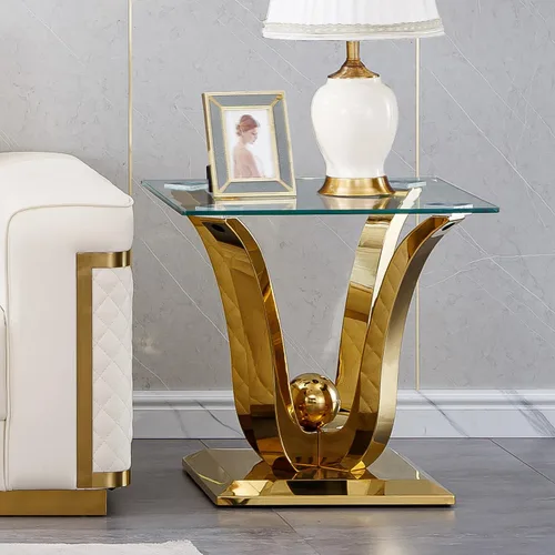 SSLine Mesa auxiliar de cristal de lujo para sala de estar, mesa auxiliar moderna dorada con base de pedestal de acero inoxidable en forma de flor
