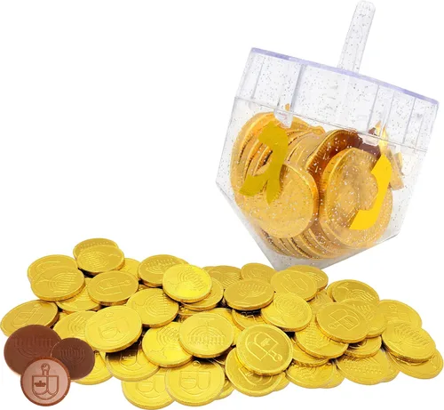 Miniatura 8 de The Dreidel Company Paquete de 6 Dreidel rellenos de monedas de gel de chocolate de Hanukkah, gelt de leche de Janucá, con menorá y diseño Dreidel